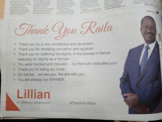 Kenyan Woman Buys Sh400,000 Newspaper Space to Praise Raila