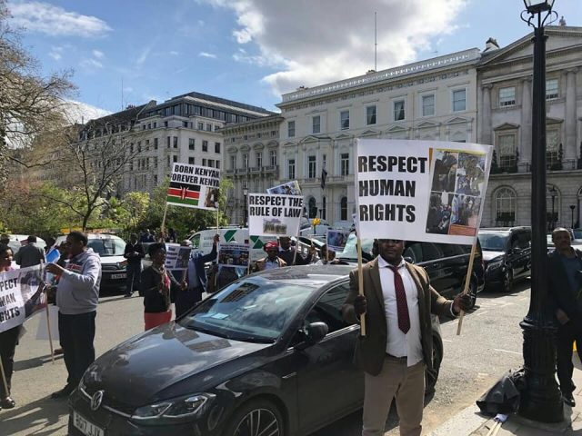 Kenyans in London Demonstrate Outside Chatham House Where President Kenyatta Delivered a Talk