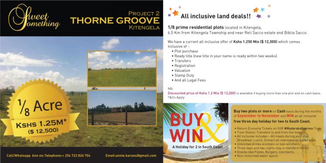 Buy Two or More Plots at Thorne Groove in Kitengela for a Chance to Win 3-Day Holiday for Two to South Coast