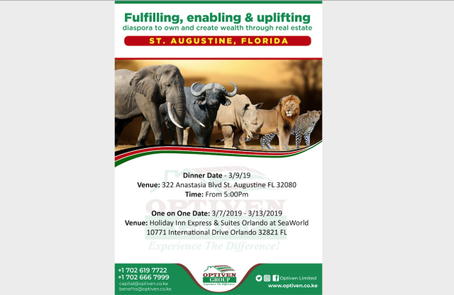 Kenya Real Estate Firm Optiven to Visit St Augustine, Florida from March 7th to March 13th, 2019