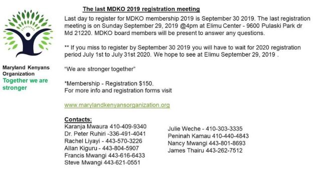 Maryland Kenyans Organization Final Registration Meeting: Sunday, September 29th, 2019