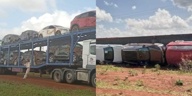 Car Importer Counting Huge Loses as Vehicle Carrier Overturns on Nairobi-Mombasa Highway  